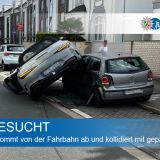 Zeigte eine verunfallten Mercedes, welcher halb auf einem VW steht
